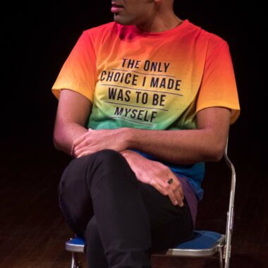A rainbow tee-shirt which reads 'The only choice I made was to be myself'
